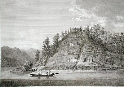 Vesnice přátelských indiánů u vjezdu do Buteova kanálu, rytina J. Landseera, asi 1790-99 (rytina) od William (after) Alexander