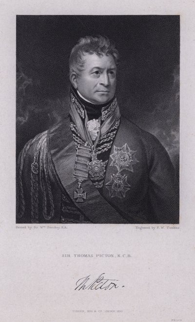 Sir Thomas Picton, velšský generál napoleonských válek zabit v bitvě u Waterloo (rytina) od William (after) Beechey