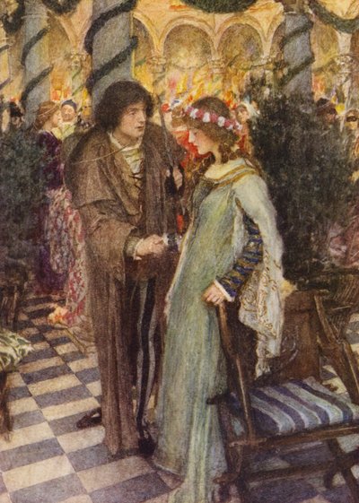 Shakespearův Romeo a Julie: (barevná litografie): Romeo a Julie: I. dějství, V. scéna (barevná litografie) od William (after) Hatherell