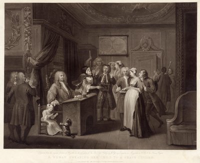 Žena přísahající své dítě hrobovému občanovi (mezzotinta) od William (after) Hogarth