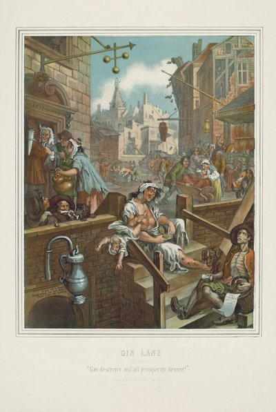 Chromolitografie Williama Hogartha Gin Lane (chromolitho) od William (after) Hogarth