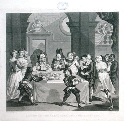 Sancho na hostině hladověl svým lékařem, vyryto Thomasem Cookem (1744-1818) (rytina) od William (after) Hogarth