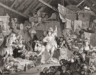 Strolling Players reheating in a Barn, vyrytý G Presbury, z The Works of Hogarth publikovaných v Londýně 1833 (č/b rytina) od William (after) Hogarth