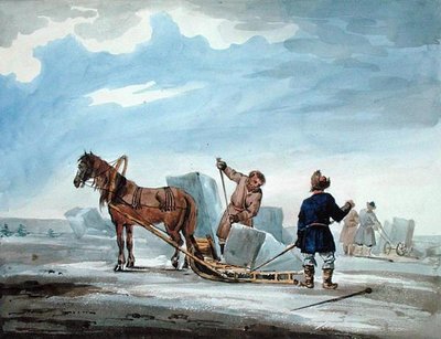 Přeprava ledu Horsedrawn Sledge, z „Cesta z Moskvy do Konstantinopole v letech“ od William (after) MacMichael
