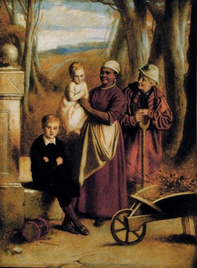Dvě děti, zdravotní sestra a starý muž (olej na desce) od William (attr. to) Mulready