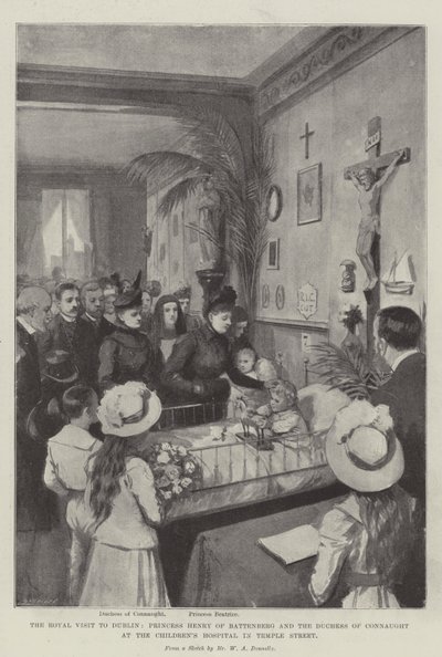 Královská návštěva Dublinu, princezna Jindřich z Battenbergu a vévodkyně z Connaughtu v dětské nemocnici v Temple Street litho od William A. Donnelly