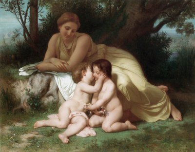 Mladá žena uvažuje o dvou objímajících se dětech od William Adolphe Bouguereau