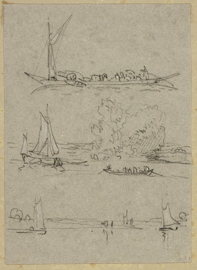 Tři náčrty říčních člunů Düsseldorf od William Alfred Delamotte