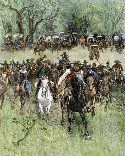 Spojené státy americké, Oklahoma State: West Conquete. Majitelé nakládající na signál v západní Oklahomě během pozemkové horečky od William Allen (after) Rogers