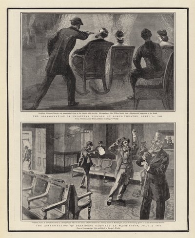 Atentát na prezidenta Lincolna ve Fordově divadle, 14. dubna 1865, Atentát na prezidenta Garfielda ve Washingtonu, 2. července 1881 od William Allen Rogers