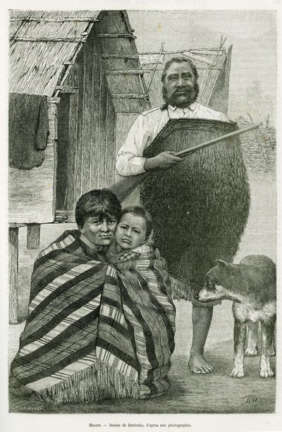 Tři generace Maorů. Rytina od Barbotina, k ilustraci příběhu Voyage a la Nouvelle Zelande, v roce 1889, od G. Verschuura, in le tour du monde 1890, režie Edouard Charton (1807-1890), Hachette, Paříž. od William Barbotin
