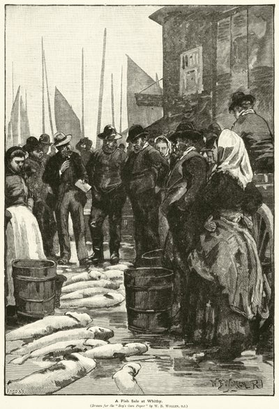 Prodej ryb ve Whitby (rytina) od William Barnes (after) Wollen