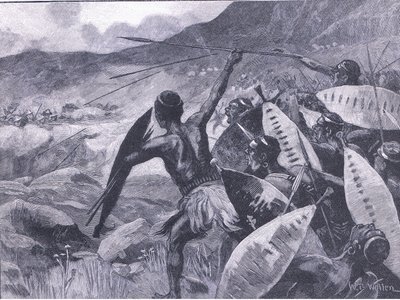 Boje v Matopos Hills: obvinění z Matabele, ilustrace z Cassells History of England, 1900s od William Barnes Wollen