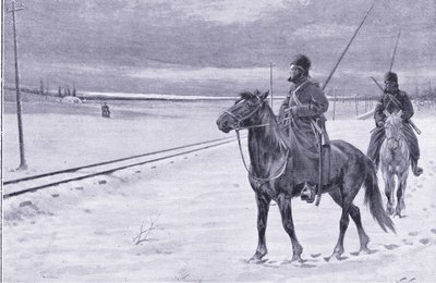 Hlídání železnice poblíž Mukden, ilustrace z Cassells Historie rusko-japonské války Vol 1, kolem roku 1900 od William Barnes Wollen