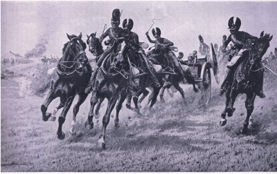 Děla vpředu: Waterloo 18. června 1815, ilustrace z britských bitev na souši a na moři, 1915 od William Barnes Wollen