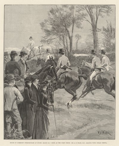 Steeplechase Dolní sněmovny v Rugby, 29. března, Rush u prvního plotu, pan A E Pease, poslanec, v čele s Norah Creinovou od William Barnes Wollen