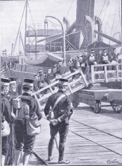 Japonská vojska naloďující se v Kóbe, ilustrace z Cassells Historie rusko-japonské války Vol 1, kolem roku 1900 od William Barnes Wollen