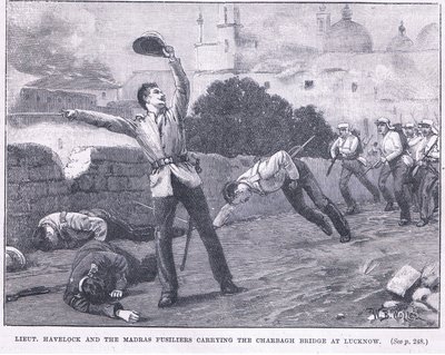 poručík. Havelock a střelci z Madras nesoucí most Charbagh v Lucknow 1857 našeho letopočtu od William Barnes Wollen
