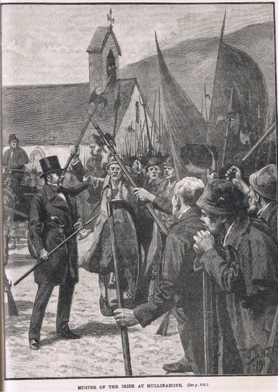 Muster of the Irish at Mullinahone, ilustrace z Cassellových „Ilustrovaných dějin Anglie“, vydané kolem roku 1910 od William Barnes Wollen