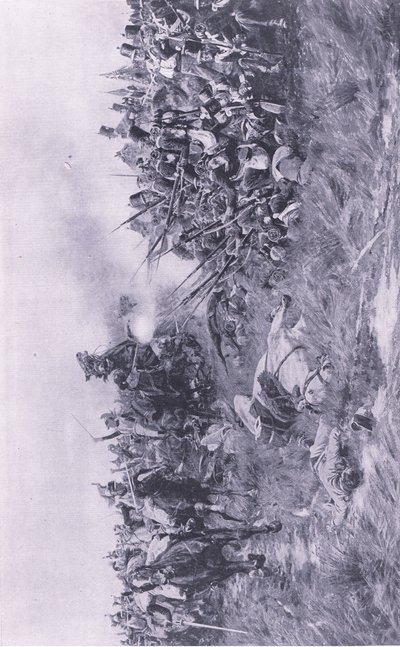 28. st Gloucester Regiment přijímá francouzskou jízdu u Waterloo 18. června 1815, ilustrace z britských bitev na souši a na moři, 1915 od William Barnes Wollen