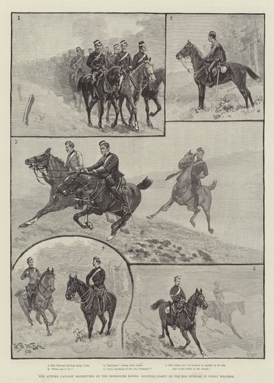 Podzimní manévry kavalerie v Berkshire Downs, skautská skupina 20. husarů v mlhavém počasí od William Barnes Wollen