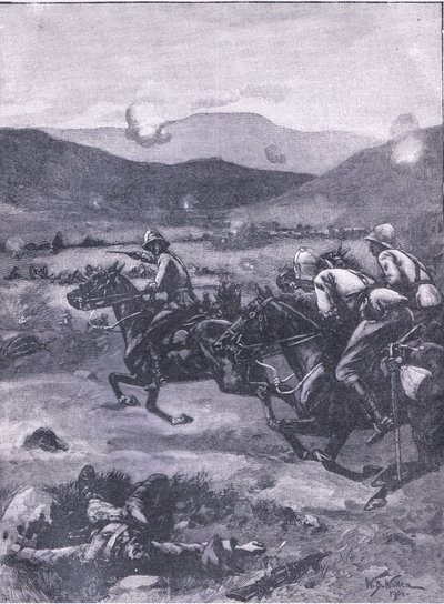 Bitva o Colenso: Poručík Roberts cválá, aby navrátil katastrofu do děl., ilustrace z Cassells History of England, 1900s od William Barnes Wollen