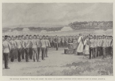 Vojenské manévry ve Wilts a Dorset, biskup ze Salisbury provádějící bohoslužbu v táboře v neděli 21. srpna od William Barnes Wollen
