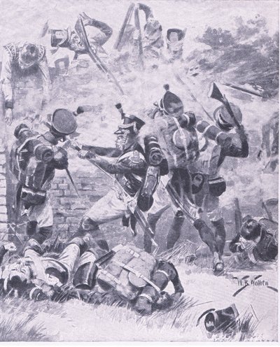 Útok na zeď v Hougomont: Waterloo 1815, ilustrace z britských bitev na zemi a moři, 1915 od William Barnes Wollen