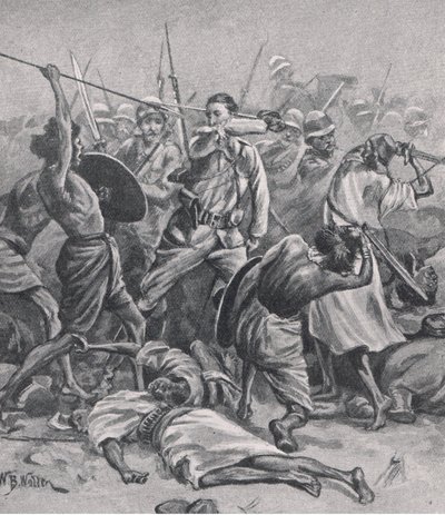 Náměstí v Abu-Klea, 17. ledna 1885, ilustrace z britských bitev na zemi a na moři, 1915 od William Barnes Wollen