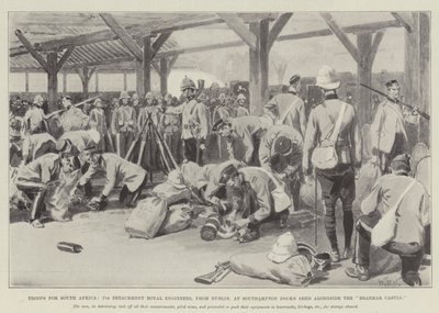 Vojska pro Jižní Afriku, 7. oddělení Royal Engineers, z Dublinu, v Southampton Docks Shed podél hradu Braemar od William Barnes Wollen