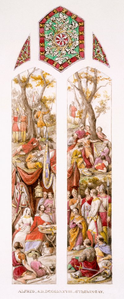 Král Alfred v Athelney, Somerset, se svými následovníky, kolem roku 1880 od William Bell and Boyd, Alice Scott