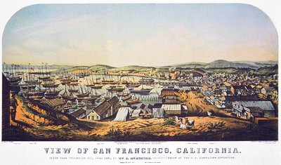 Pohled na San Francisco, Kalifornie, z Telegraph Hill, duben 1850 (barevné lito) od William Birch McMurtrie