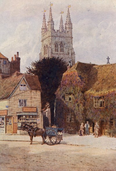 Kostel a hotel Woolpack, Tenterden (barevná litografie) od William Biscombe Gardner