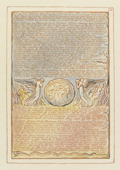 „A třicet dva krajů...“, deska 72 z „Jeruzaléma“ (Bentley Copy E) 1804-20 (reliéfní lept perem a akvarelem na papíře) od William Blake