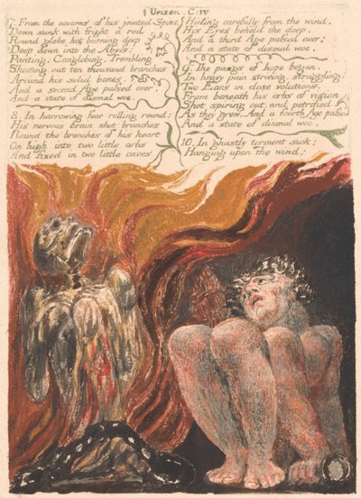 První kniha Urizenova, deska 10, "7. Z jeskyní jeho kloubové páteře . . . ." (Bentley 11) od William Blake