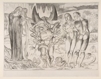 Kruh zlodějů: Agnello Brunelleschi Napaden šestinohým hadem, z Dan..., ca. 1825-27. od William Blake