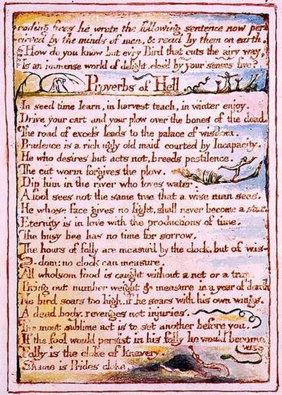 "Corroding fires he wrote the following...", text z knihy "The Marriage of Heaven and Hell", cca 1790-3 (reliéfní lept dokončený perem a akvarelem) od William Blake