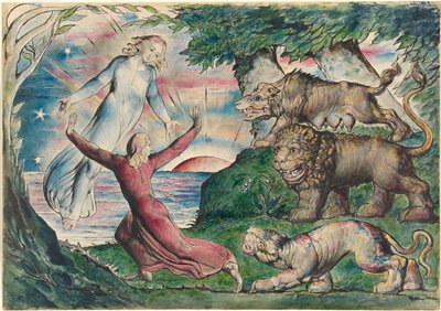 Dante utíká před třemi zvířaty od William Blake