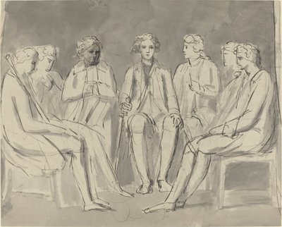 Skupina mužů sedících v kruhu [recto] od William Blake