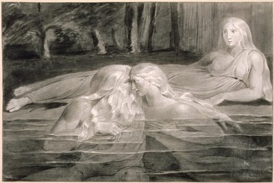 Har and Heva Bathing, Mnetha Looking On, c.1785-89 (štětec, inkoust a mytí na papíře) od William Blake