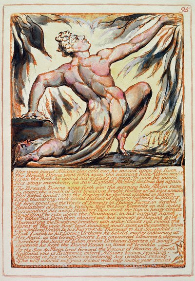 „Její hlas probodl hliněným uchem Albions...“, deska 95 z „Jeruzaléma“ kolem roku 1810 (lept perem a wc) od William Blake