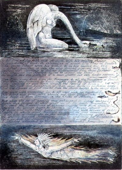 Deska II, Jeruzalém, kolem 1804-20. Albionovy dcery reprezentované stvořeními podobnými labutím a rybám od William Blake