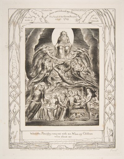 Satan před Božím trůnem, z ilustrací Knihy Job, 1825-26. od William Blake