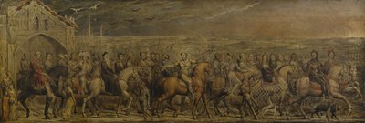 Sir Jeffrey Chaucer (n. 1342-1400) ja yhdeksän kaksikymmentä pyhiinvaeltajaa matkallaan Canterburyyn (tempera kankaalle) od William Blake