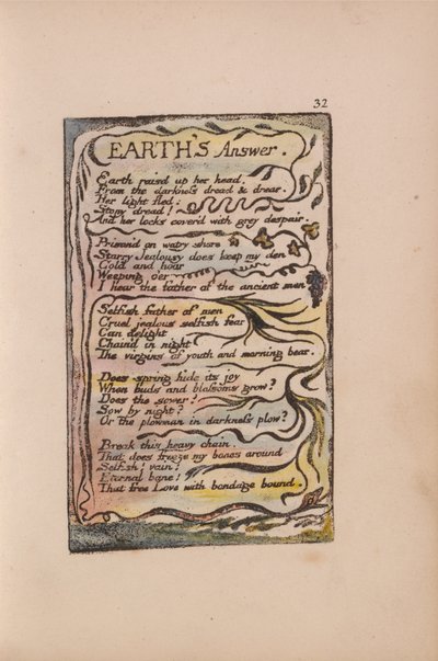 Písně nevinnosti a zkušeností, deska 32, odpověď Země (Bentley 31) od William Blake