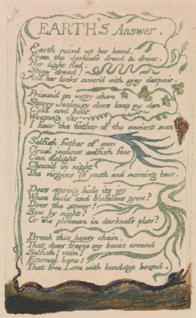 Písně nevinnosti a zkušeností, deska 35, odpověď Země (Bentley 31) od William Blake