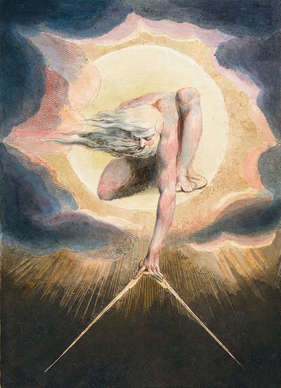 The Ancient of Days - Urizen měřící hmotný svět - Urizen měřící materiální svět. Ilustrace frontispisu knihy „“ Evropa. K proroctví." Kresba William Blake (1757-1827) od William Blake