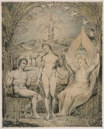 Archanděl Rafael s Adamem a Evou (ilustrace k Miltonovu dílu „Ztracený ráj“) od William Blake