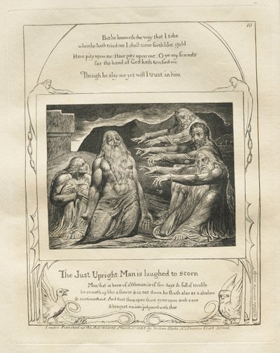 Kniha Job: Pl. 10, Spravedlivý muž se vysmívá k opovržení od William Blake