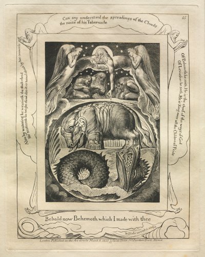 Kniha Job: Pl. 15, Hle, nyní Behemoth, kterého jsem s tebou udělal, 1825. od William Blake